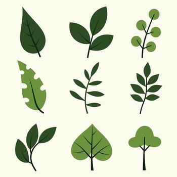 un colección de varios verde hojas y árbol ilustraciones en un ligero fondo, exhibiendo diferente formas y estilos en un minimalista diseño. vector
