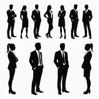Silhouettes of diverse professionals in formal attire depict a cohesive team environment against a clean, white background. vector