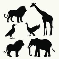 Silhouettes of various wild animals including lions, a giraffe, an elephant, and birds against a light background. vector