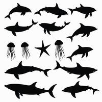 Silhouettes of various sharks, jellyfish, and a starfish on a white background, showcasing marine life diversity. vector