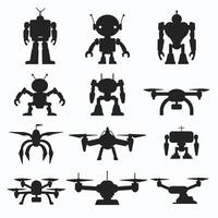 Silhouette collection of futuristic robots and drones, showcasing diverse designs and structures, set against a stark white background. vector