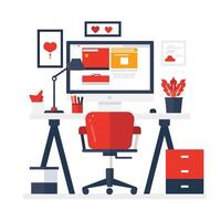 Modern home office workspace with stylized desk, computer, red chair, and decorative elements in a minimalist red and blue color scheme. vector