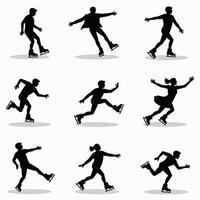 Silhouettes of diverse individuals ice skating, showcasing dynamic poses and graceful movements on the ice against a white background. vector