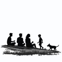 Silhouette of diverse group relaxing on grass, with a child and dog playing nearby, creating a serene and joyful atmosphere. vector