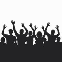Silhouette of a diverse group of people raising their hands in celebration against a bright background. vector