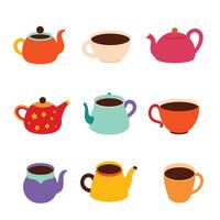 Nine colorful tea and coffee vessels, including unique teapots and cups with vibrant designs, on a white background. vector