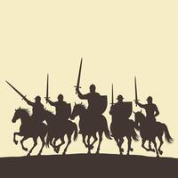 Silhouetted medieval knights ride on horseback with swords drawn, creating a dramatic scene against a light background. vector