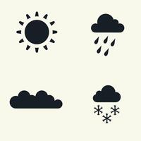 Weather icons showing sun, rain, clouds, and snow symbols in minimalist black design on a light background. vector