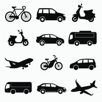 Silhouette collection of various transportation modes, including bicycles, cars, scooters, buses, and airplanes, displayed on a white background. vector