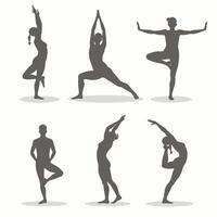 Silhouettes of diverse individuals practicing various yoga poses, symbolizing balance, strength, and flexibility against a soft, neutral background. vector