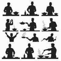 Silhouettes of chefs skillfully preparing dishes highlight various cooking techniques in a dynamic composition on a white background. vector