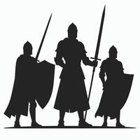 Silhouette of three medieval knights holding swords and shields, standing in a heroic pose. vector