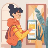 Young woman using a smartphone to control home automation in a modern, bright setting. vector