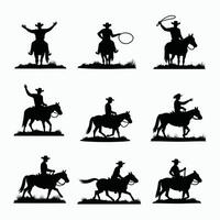 Silhouettes of cowboys riding horses, capturing various dynamic poses and gestures. vector