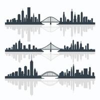 Modern city skylines with bridges and high-rise buildings reflected on a white background. vector