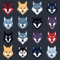 Set of stylized wolf illustrations featuring different colors and expressions on a dark background. vector