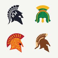 Illustration of four distinct ancient warrior helmets featuring various designs and colors. vector