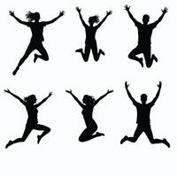Silhouettes of diverse individuals jumping joyfully, captured in mid-air against a white background, conveying an energetic and celebratory mood. vector