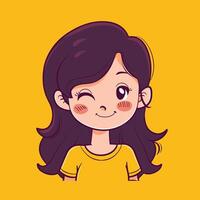 Cute cartoon girl winking with a big smile on a bright yellow background. vector