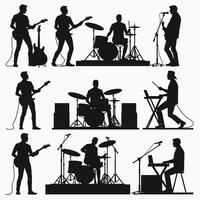 Silhouettes of musicians playing various instruments on stage, showcasing a rock band in dynamic poses and energetic performances. vector