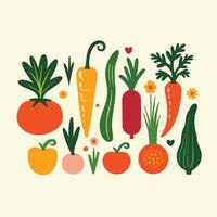 Colorful illustration of various vegetables with playful design elements on a light background. vector