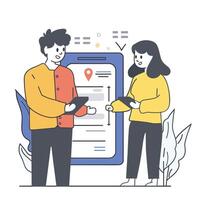 Illustration of a man and a woman discussing a document using electronic tablets. vector