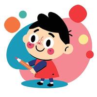 Cute animated boy holding a large pencil with colorful abstract background. vector