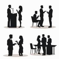 Silhouettes of professionals engaging in discussions and presentations in a corporate setting. vector