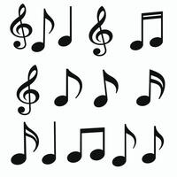 A collection of various musical notes and symbols illustrated in black on a white background, showcasing treble clefs and different note types. vector