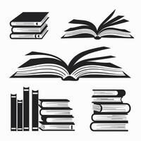 Black and white illustration of various open and closed books, emphasizing the theme of reading and literature. vector