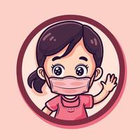 A cheerful cartoon girl wearing a face mask waves with a smile in a round frame. vector