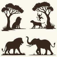 Silhouettes of jungle animals including a lion, elephant, monkey, and tiger against a natural landscape. vector