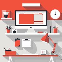 Modern workspace with computer, red accents, and organized desk items in minimalist design. vector