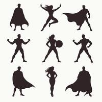 Silhouettes of diverse superheroes in dynamic poses, showcasing strength and heroism in an abstract style. vector