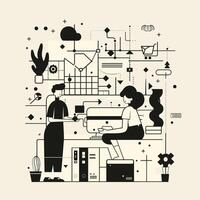 Minimalist illustration depicting office workers amid abstract symbols, representing modern workplace dynamics and digital connectivity. vector