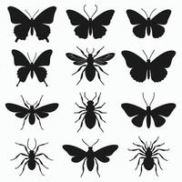 Silhouettes of various insects and butterflies arranged in a grid pattern on a white background. vector