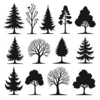 A collection of twelve black silhouette tree illustrations showcasing various shapes and types of trees. vector