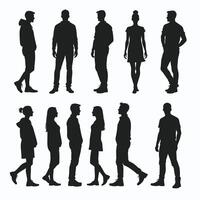 Silhouettes of diverse people standing in various poses against a white background, showcasing different fashion styles and stances. vector