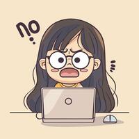 Animated girl with glasses looks frustrated while using a laptop, expressing disbelief. vector