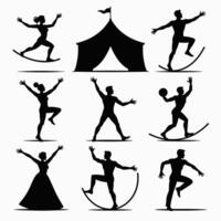 Silhouettes of diverse circus performers in various dynamic poses against a tent backdrop. vector