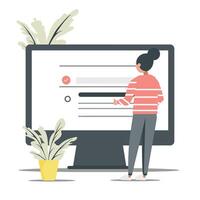 Woman interacting with digital form on large computer screen, illustrated in minimalist style with potted plant accent vector