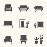 Set of minimalist furniture and decor icons featuring chairs, a sofa, plants, and frames against a light background. vector