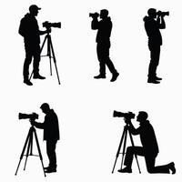 Silhouettes of photographers engaged in photography, using cameras on tripods and handheld, in various poses, showcasing dedication and focus. vector