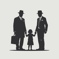 Silhouette of two men in suits and hats holding hands with a child, symbolizing family and unity in a classic and formal style. vector