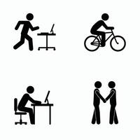 Illustration of stick figures performing various activities running, cycling, working at a desk, and shaking hands. vector