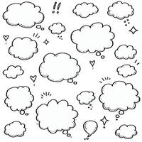 Hand-drawn sketch of various speech bubbles and thought clouds in black and white. vector