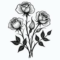 Intricate black and white ink drawing of three blooming roses with detailed stems and leaves. vector