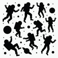 Silhouettes of astronauts floating in space, surrounded by planets and stars, on a white background. vector