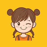 Cartoon of a girl winking and smiling with twin buns on a bright yellow background. vector
