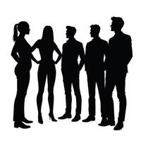 Silhouettes of a diverse group of men and women stand in conversation, projecting a sense of unity and collaboration against a crisp white background. vector